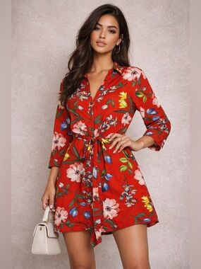 AX‎ Paris Floral Tie Waist Shirt Dress Red Multicolor 3/4 Sleeve Size 12